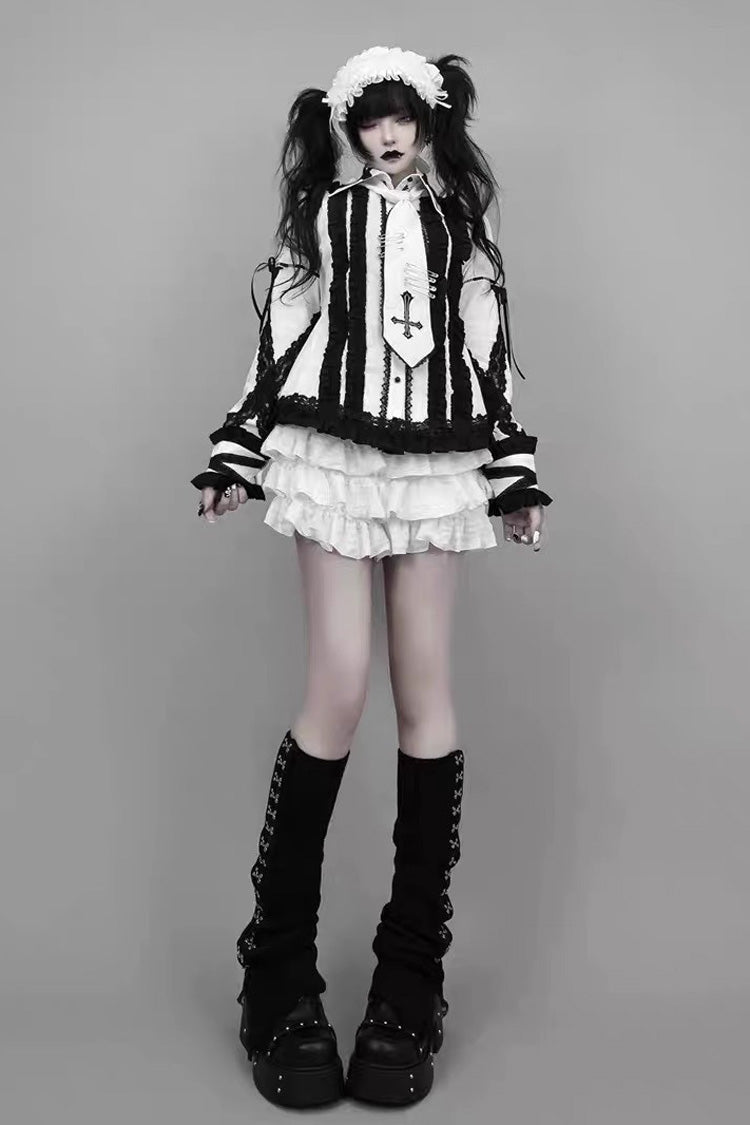 White/Black Lapel Collar Long Sleeves Embroidery Gothic Jirai Kei Blouse