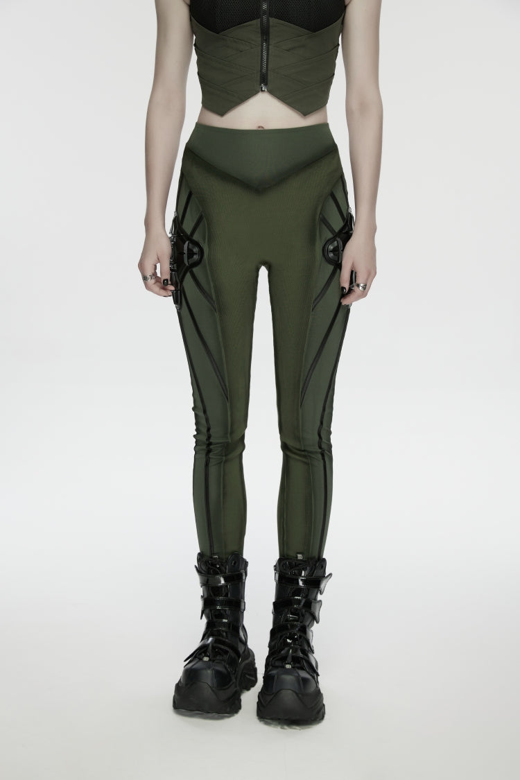 Black/Green Slim Women's Armor-Accentuated Paneled Punk Leggings