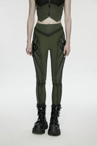 Black/Green Slim Women's Armor-Accentuated Paneled Punk Leggings
