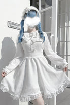 White Long Sleeves Bowknot Lace Pearl Sweet Jirai Kei Dress