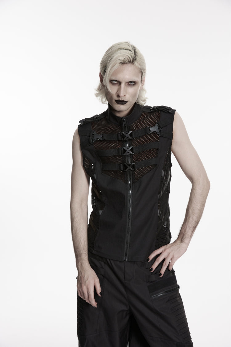 Black Stand Collar Sleeveless Cut-Out Spliced Mesh Buckled Eyelet Men's Punk Handsome Vest