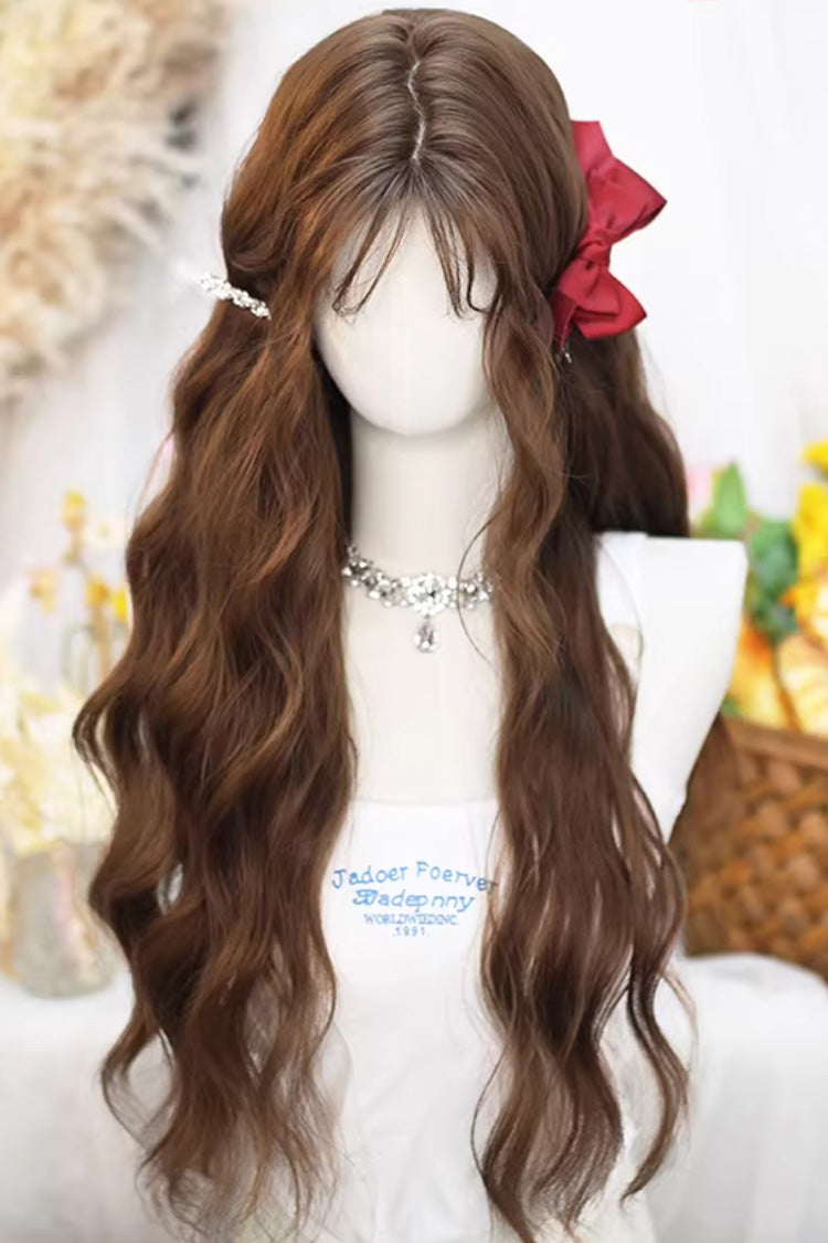 Caramel Warm Brown Long Wavy Wig with Light Wispy Bangs Sweet Lolita