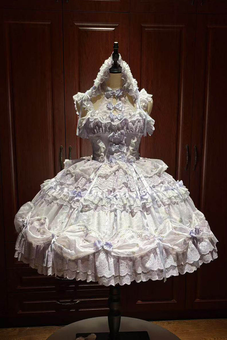 Purple Halterneck Sleeveless Printed Embroidered Bow Sweet Lolita Jsk Dress