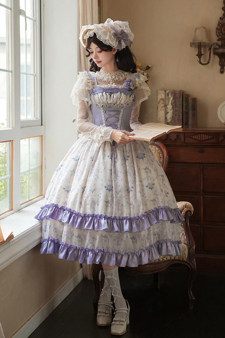 Purple/Ivory [Iris Secrets] Double-Layered Print Ruffle Bowknot Lace-Up Fake Two Pieces Sweet Lolita Jsk Dress