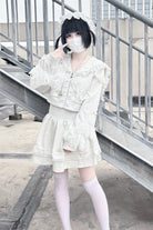 Grey [Heartbeat Rhythm] Long Sleeves Ruffle Lace Hooded Jirai Kei Japanese Skirt Set
