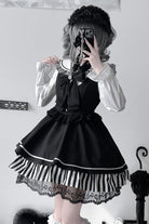 Black [Twilight Song] Stripe Print Bowknot Lace Jirai Kei Jumper Dress