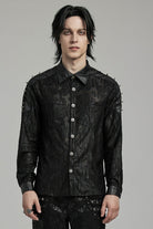 Black Lapel Collar Long Sleeves Faux Leather Stitching Men's Punk Blouse