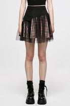 Pink/Black Cotton Splicing Mesh Sweet Plaid Personalized Pocket Decoration Waist Punk Women's Short Skirt