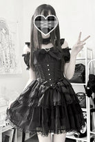 Black [Pearl Nocturne] Square Collar Flutter Sleeves Multi-Layered Printed Ruffled Bow Lace Gothic Japanese Lolita Dress