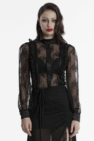 Black Stand Collar Long Puff Sleeves Hollow Embroidery Lace Women's Gothic Blouse