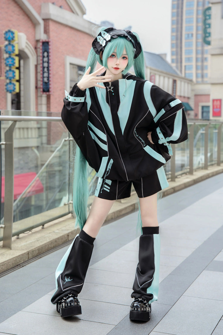 Black/Blue [Cyber Phantom] Hatsune Miku Long Sleeves Print Jirai Kei Cool Coat