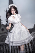 White Lapel Collar Short Sleeves Printed Ruffled Lace Classic Gothic Elegant Lolita Dress