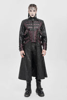 Black/Red Stand Collar Zipper Straps Eyelet Men's Punk Coat