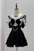 Black/White [Apprentice Witch] Off Shoulder Navy Collar Short Sleeves Ruffled Bow Lace Pearl Detail Classic Jirai Kei Japanese Skirt Set