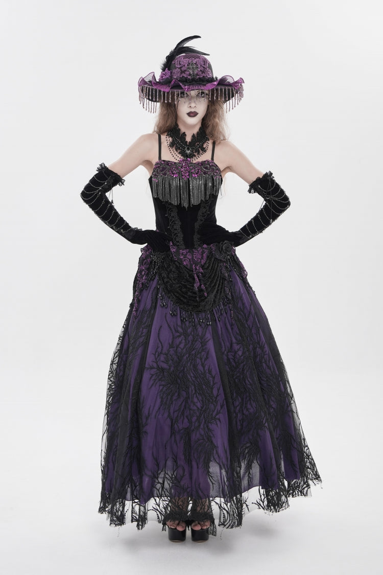 Black/Purple Lace-Up Women's Gothic Embroidered Tassels  Overbust Corset