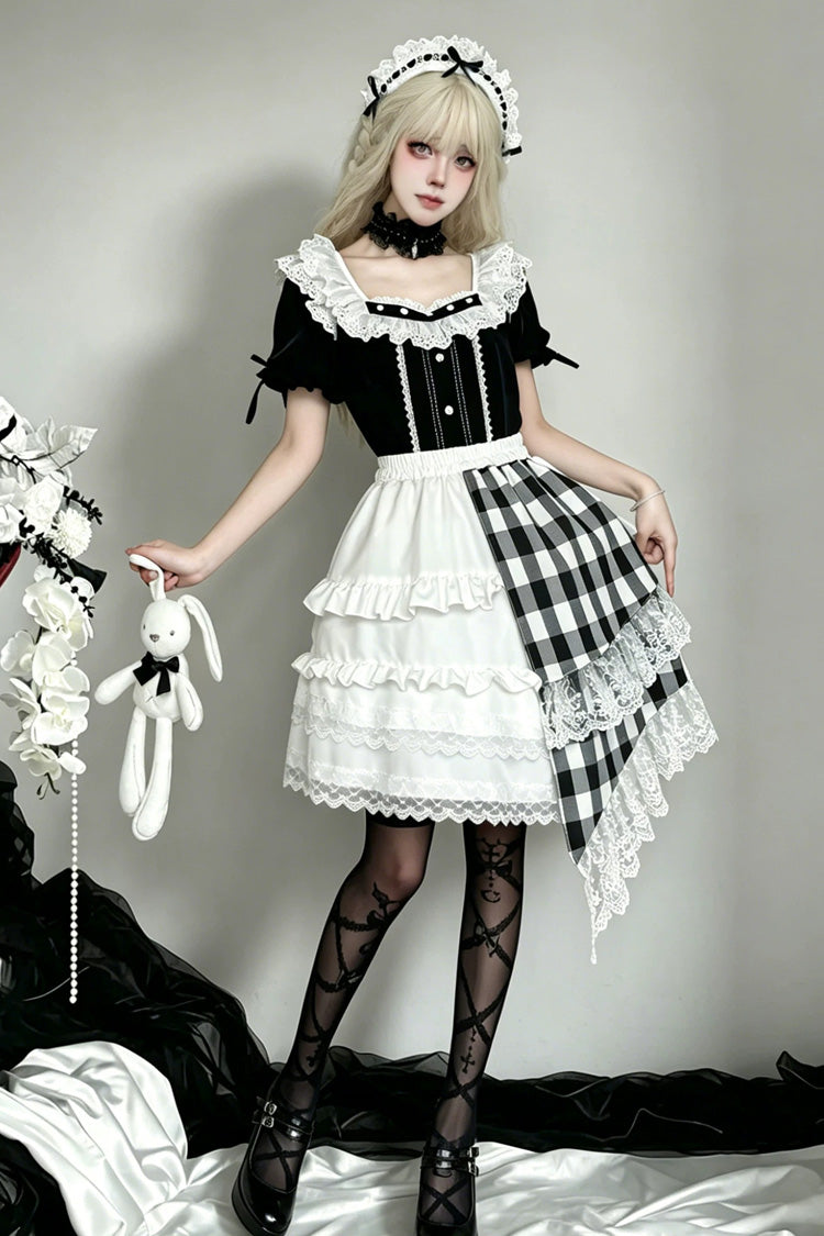Black/White Short Sleeves Plaid Printed Lace Irregular Asymmetric Gothic Lolita Skirt Set