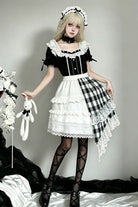 Black/White Short Sleeves Plaid Printed Lace Irregular Asymmetric Gothic Lolita Skirt Set