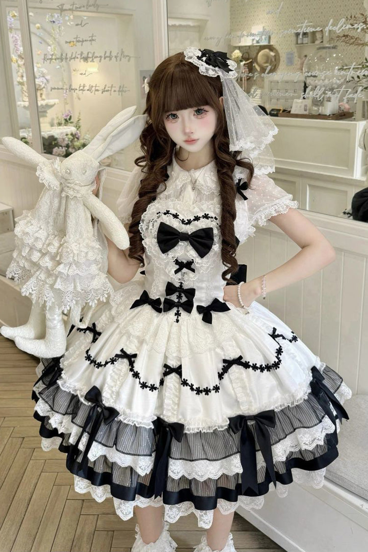 Black/White [Scarlet Heart Cocoa] Sleeveless Triple-Layered Ruffle Embroidery Bowknot Lace Sweet Lolita Jsk Dress