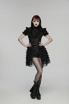 Black V Collar Short Sleeves High Waisted Jacquard Ruffled Cut-Out Embroidered Lace Slim Women's Gothic Vest
