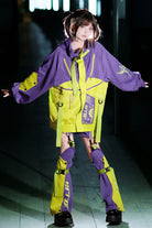 Neon Purple/Green [Zero-Type Transformation] Techwear Long Sleeves Embroidered Hooded Punk Jirai Kei Shorts Coat Set