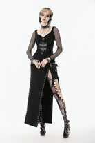 Black Mesh Spliced Long Sleeves Buckled Strap Eyelet Women's Punk Top
