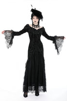 Black Off Shoulder Lace Long Trumpet Sleeves Lace-Up Women's Gothic Bodycon Dress