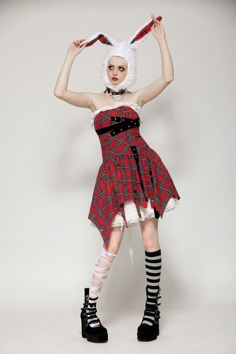 Red Buckled Frayed Asymmetric Hem Women's Punk Grunge Plaid Mini Slip Dress