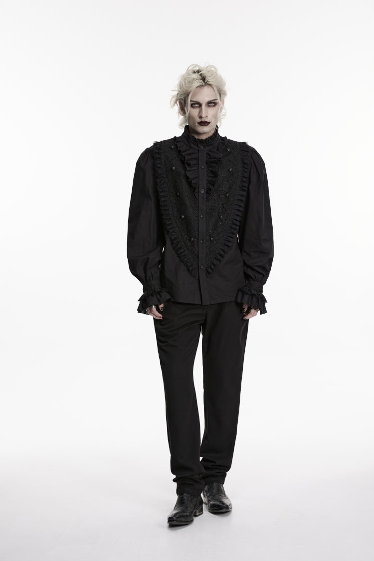 Black Stand Collar Long Puff Sleeves Embroidered Lace Men's Shirt