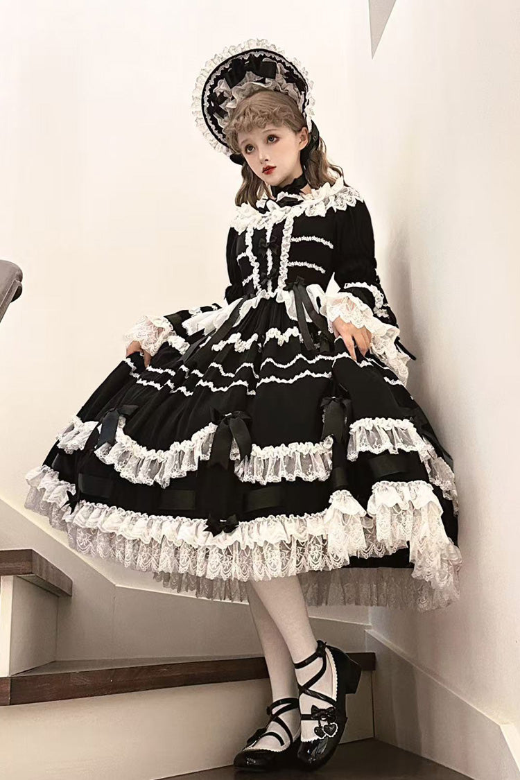 Black Round Collar Long Trumpet Sleeves Hanayome Bowknot Lace Daily Sweet Elegant Princess Lolita Dress