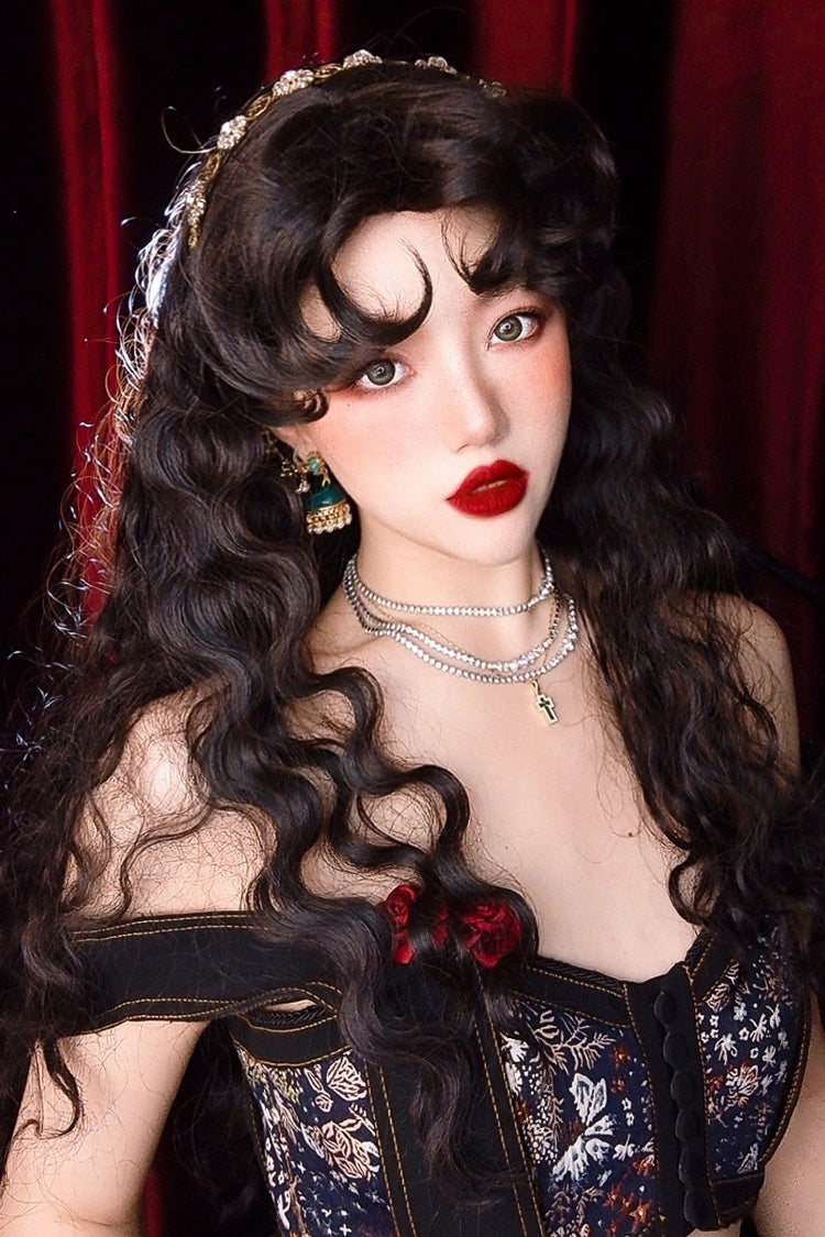 Matte Black [Gypsy Rose] Vintage Elegant Fluffy Wool Lolita Curl Wig