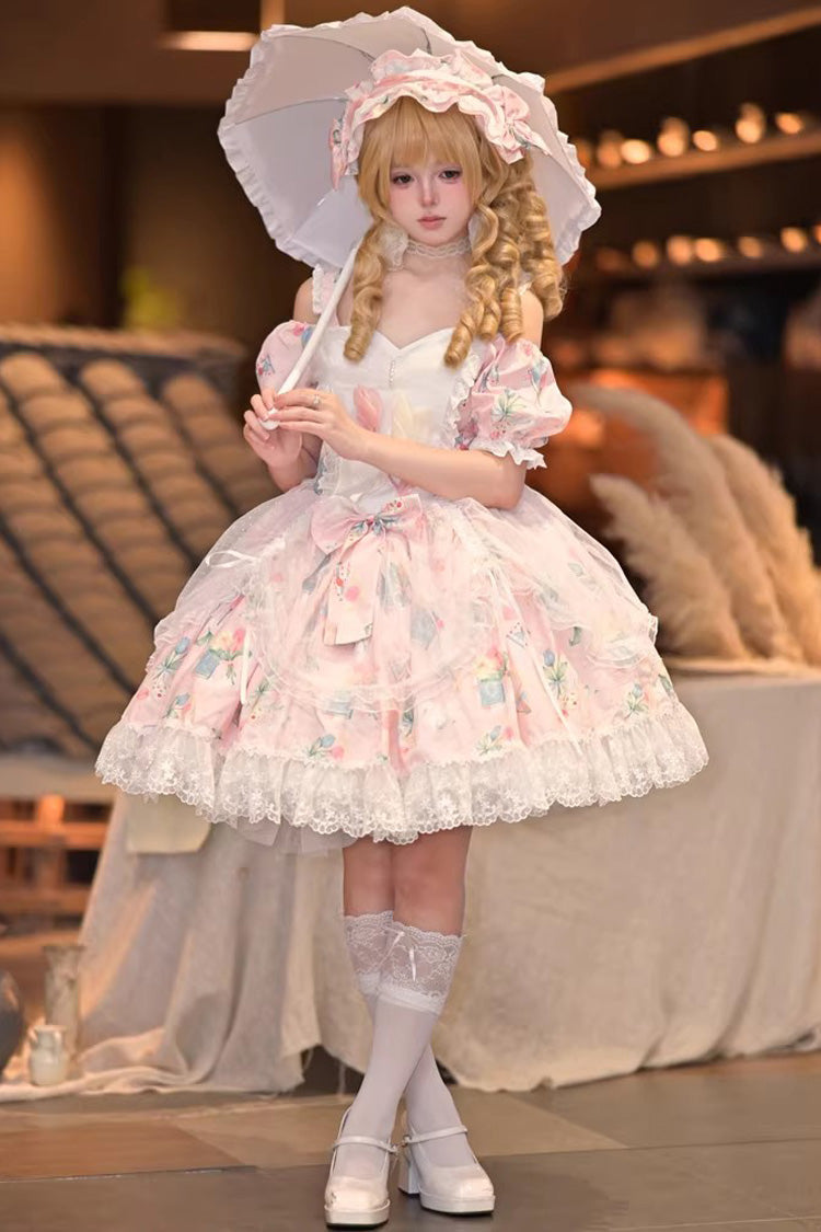Pink [Tulip's Letter] Off Shoulder Short Sleeves Print Ruffle Bowknot Lace Sweet Elegant Lolita Dress