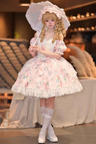 Pink [Tulip's Letter] Off Shoulder Short Sleeves Print Ruffle Bowknot Lace Sweet Elegant Lolita Dress