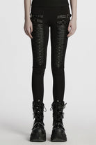 Black Buckle Straps Pleated Women's Punk Leggings