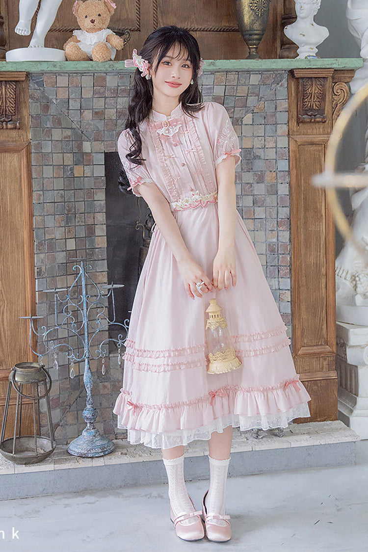 Pink Round Collar Short Sleeves High Waisted Ruffled Strawberry Midsummer Women's Sweet Lolita Dress