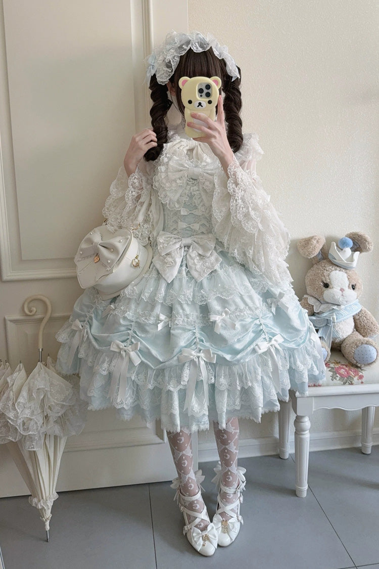 Blue [Silk Satin Gift Box] Square Collar Sleeveless Multi-Layered Ruffled Bow Lace Sweet Lolita Jsk Dress