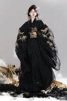 Black [Bamboo Leaves] V Collar Trumpet Sleeves High Waisted Embroidered Women's Classic Hanfu Dress Set