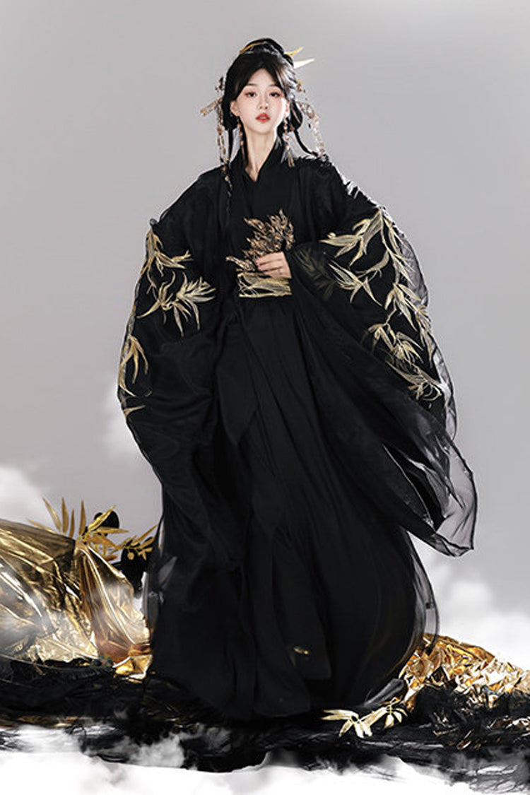 Black [Bamboo Leaves] V Collar Trumpet Sleeves High Waisted Embroidered Women's Classic Hanfu Dress Set
