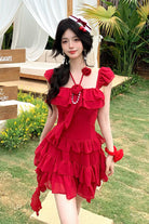 Red [Summer Seaside] Short Sleeves Triple-Layered Ruffle Bowknot Irregular Holiday Style Sweet Lolita Dress