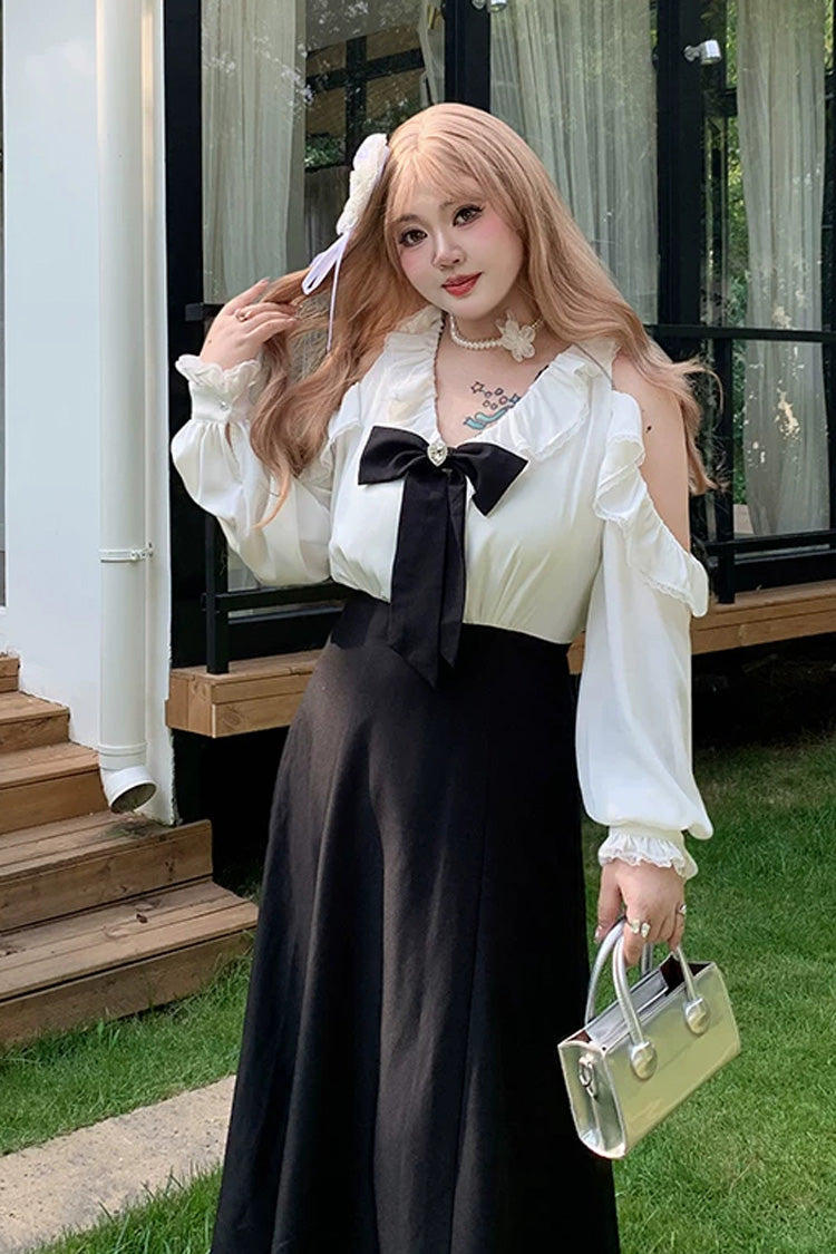 Black/White V Collar Off Shoulder Long Sleeves Ruffled Bow Faux Two-Piece Classic Plus Size Lolita Dress