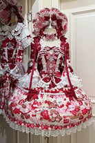 Red [Sweet Berry Bunny Bear] Half Sleeves Printed Bow Lace Lace-Up Sweet Lolita OP Dress