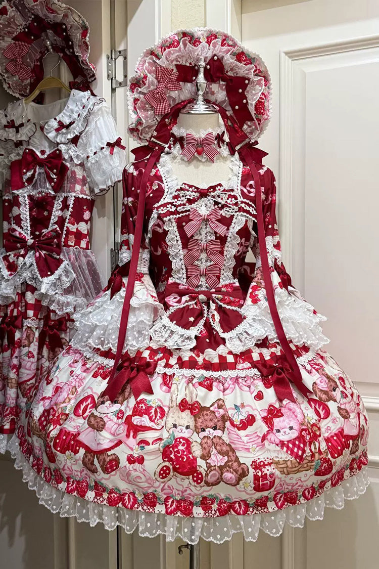 Red [Sweet Berry Bunny Bear] Half Sleeves Printed Bow Lace Lace-Up Sweet Lolita OP Dress