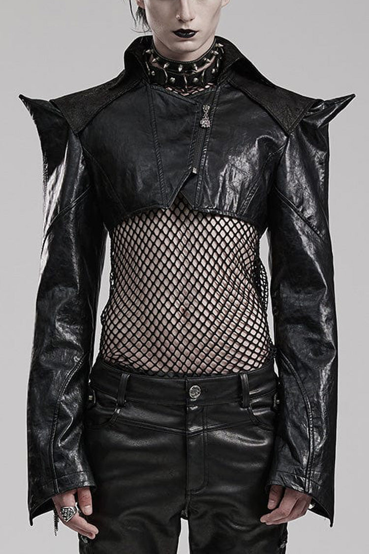 Black Stand Collar Zipper Faux Leather Sharp Shoulders Mens Steampunk Short Coat