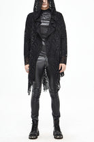 Black V Neck Long Sleeve Sharp Corner Hem Broken Holes Men's Punk Coat