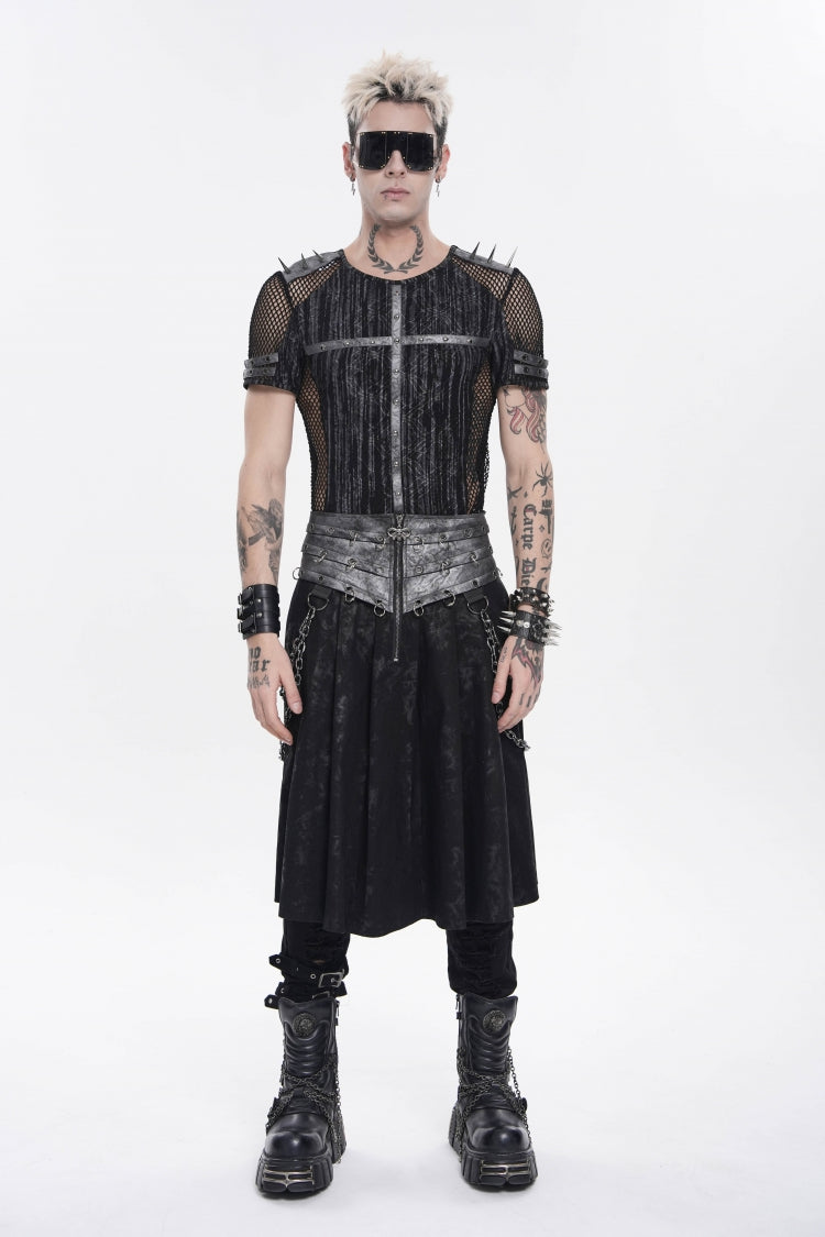 Black Printed Spliced Lace-Up Pleated Chain-Decorated Men's Punk Skirt