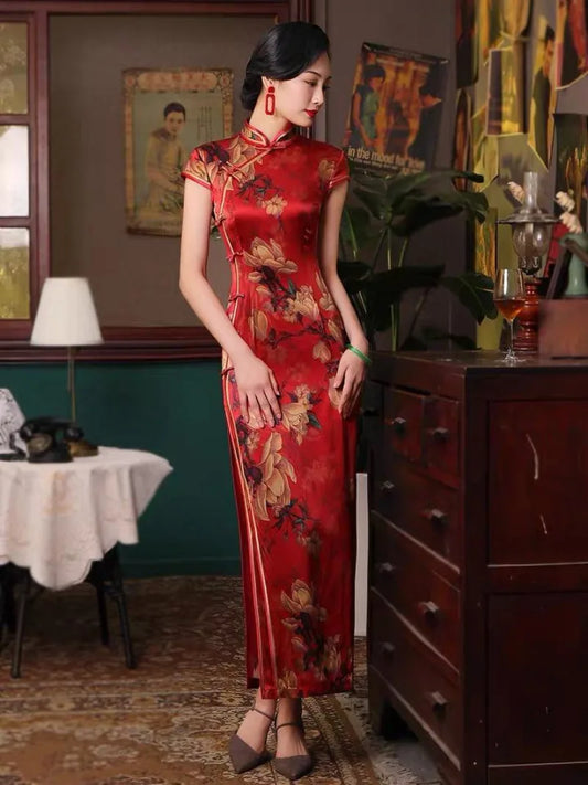 19 mome mulberry silk, High-end long Qipao for Tea Ceremonies