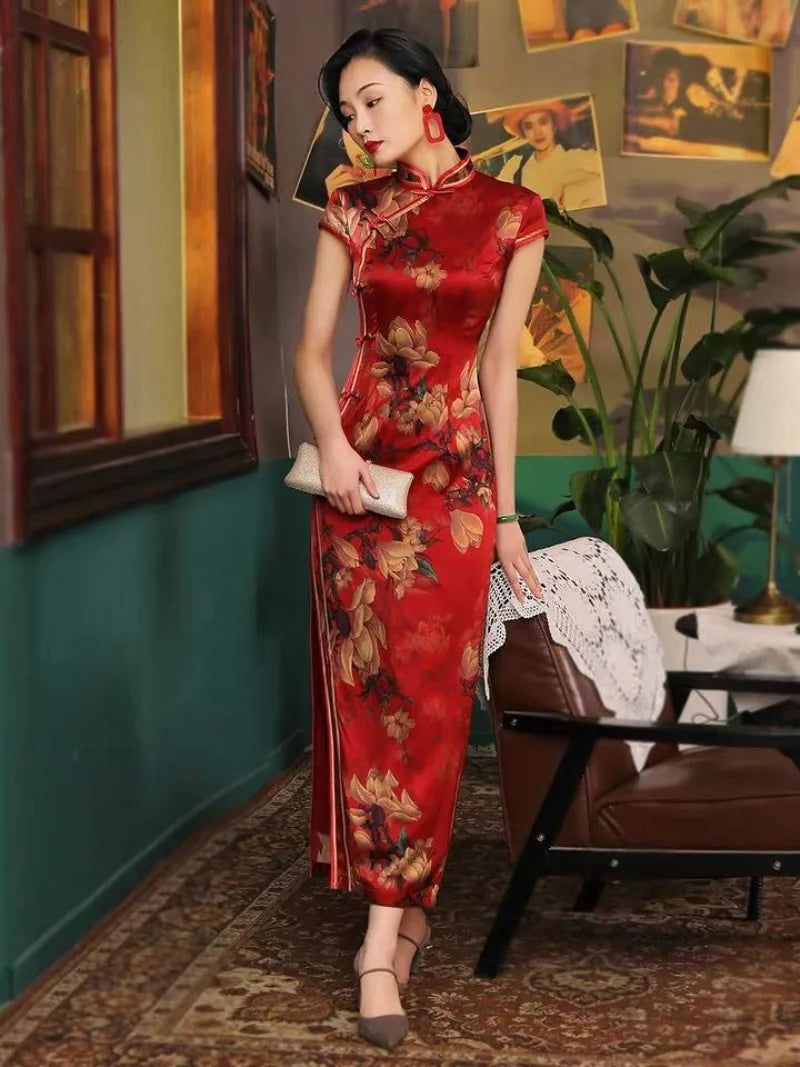 Natural silk, Floral pattern, High-end, long Qipao