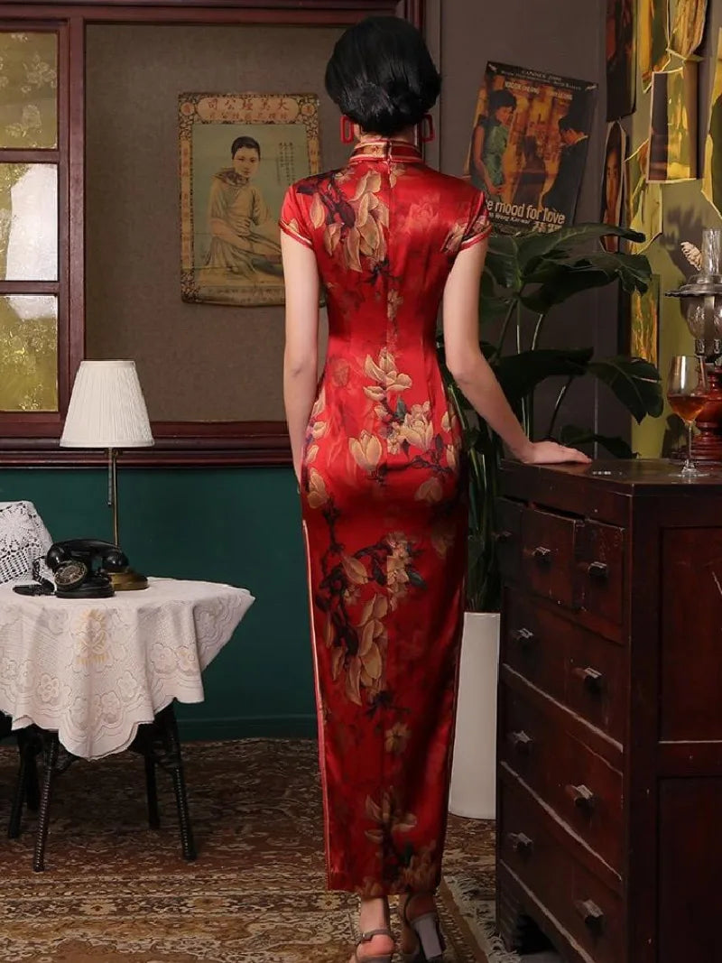 Natural silk, Floral pattern, High-end, long Qipao
