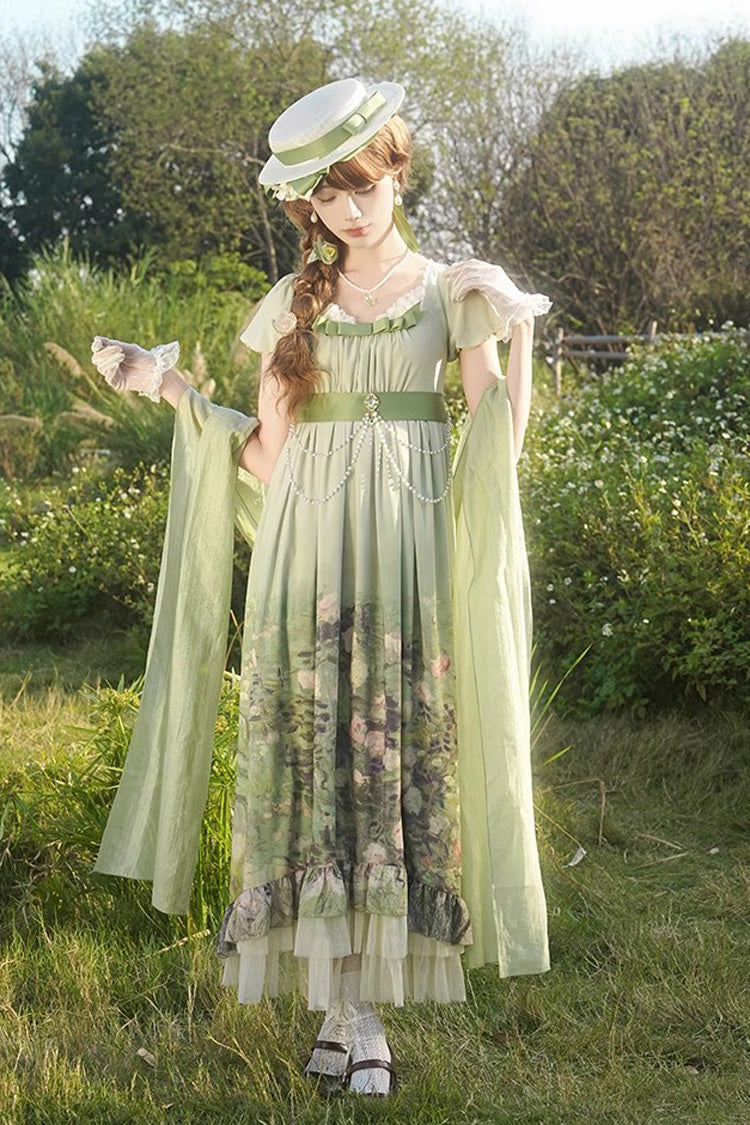 Green [Blooming Roses] Print Oil Painting Chiffon Short Sleeves Ruffle Bowknot Sweet Lolita Dress
