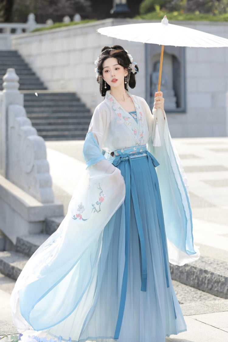 Blue [Spring Apricots] High Waisted Embroidered Women's Sweet Hanfu Dress Set