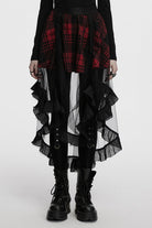 Black/Red Ruffle Stitching Mesh Plaid High/low Women's Gothic Skirt